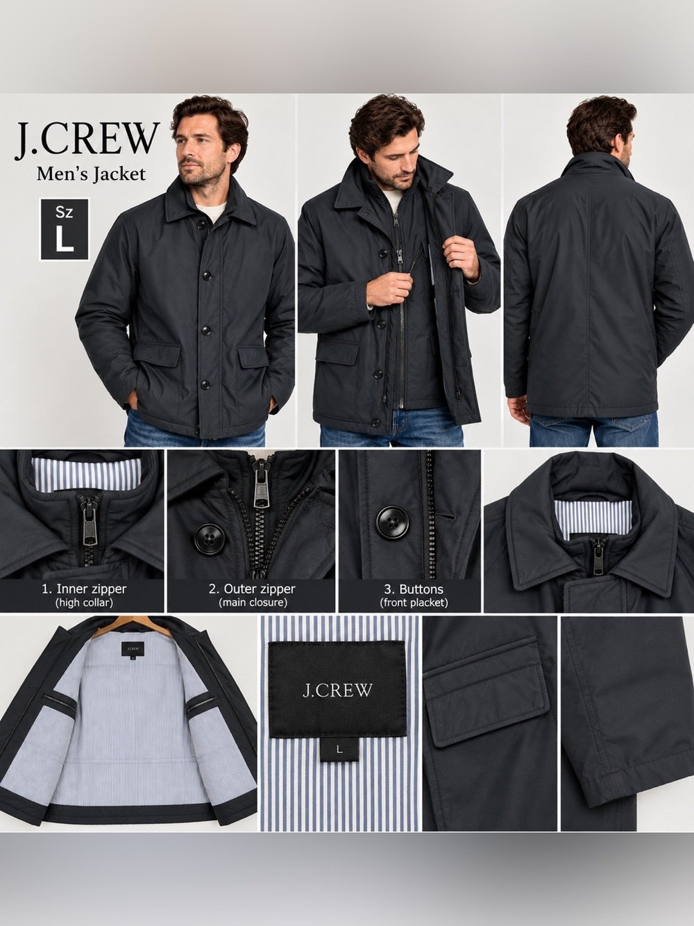 J. Crew Men's Jacket - Classic Button & Zip Outerwear Sz L like new